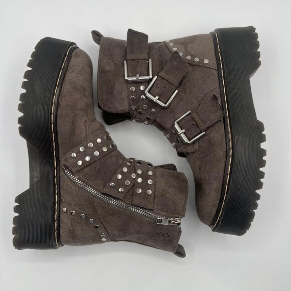 MIM Helsinki Topo Chunky Platform Studded Moto Boots Size 7 EU 37 Brown Y2K - Picture 9 of 16